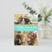 Peace Love Joy Green Iridescent Holiday Foto Briefkaart (Staand voorkant)