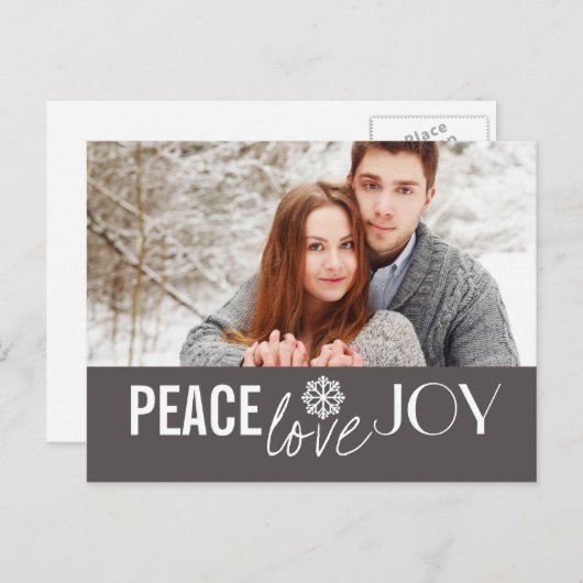 Peace Love Joy Grey Snowflake Vakantie Briefkaarte Feestdagenkaart (Voorkant / Achterkant)