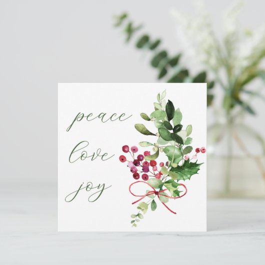 Peace Love Joy Holly Berry Green Feestdagenkaart (Staand voorkant)