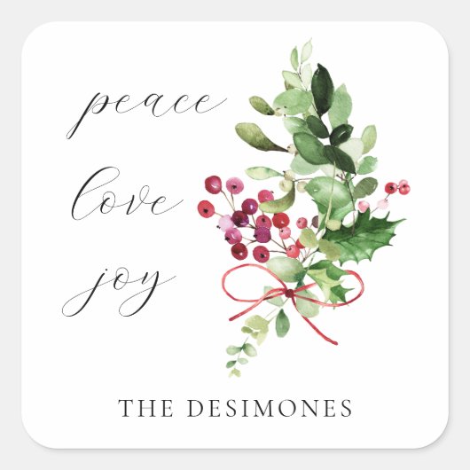 Peace Love Joy Holly Berry Holiday Vierkante Sticker (Voorkant)