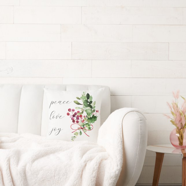 Peace Love Joy Holly Berry Red Kussen (Bank)