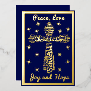 Peace Love Joy Hope Cross Navy blauw en goud Folie Feestdagenkaart