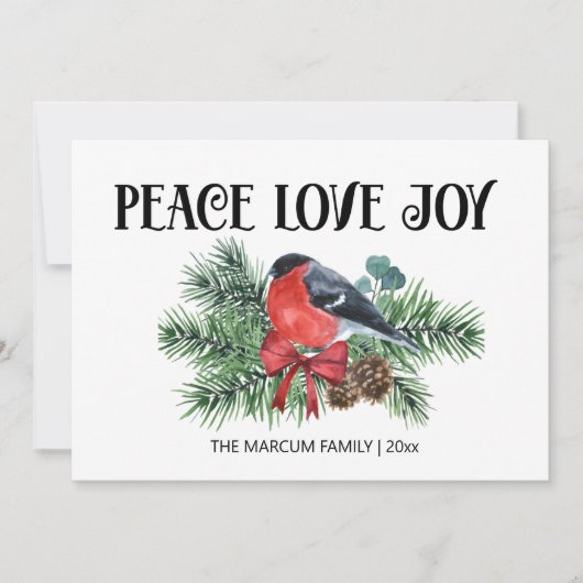 Peace Love Joy kerstfeestay Robin Pine Branch Feestdagenkaart (Voorkant)
