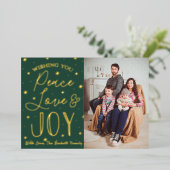 Peace, Love & Joy-kerstfoto Real Folie Feestdagenkaart (Staand Voorkant)