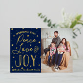 Peace, Love & Joy-kerstfoto Real Folie Feestdagenkaart (Staand Voorkant)