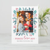 Peace Love Joy Kerstkerst Holly Berries Foto Feestdagenkaart (Staand voorkant)
