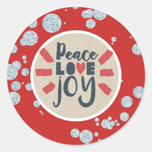 PEACE LOVE JOY Kerstmis Glitter Kraft Holiday Ronde Sticker (Voorkant)