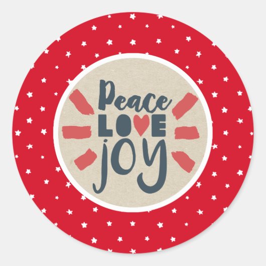 PEACE LOVE JOY Kerstmis Red Stars Kraft Holiday Ronde Sticker (Voorkant)