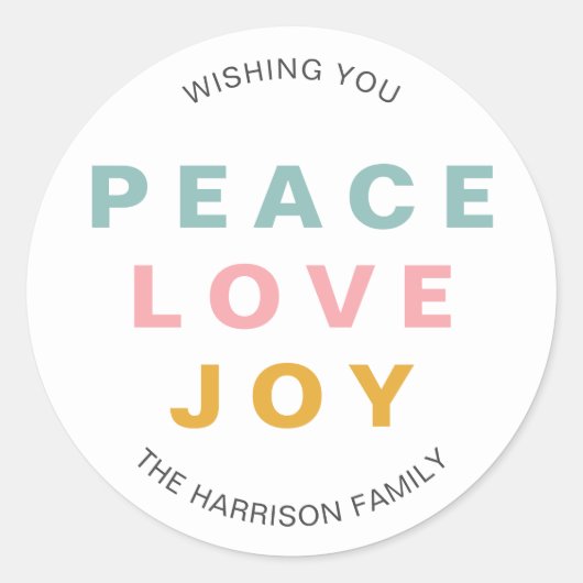 Peace Love Joy Kerstmis Ronde Sticker (Voorkant)
