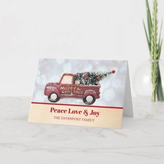 Peace Love & Joy Little Red Truck met mas Tree Feestdagen Kaart (Voorkant)