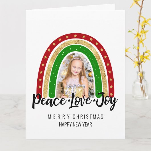 Peace Love Joy Merry kerstregenboogfoto Kaart (Gele Bloem)