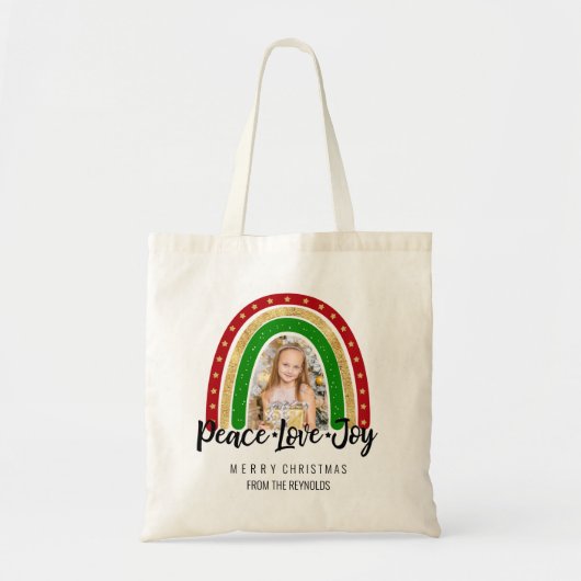 Peace Love Joy Merry kerstregenboogfoto Tote Bag (Voorkant)