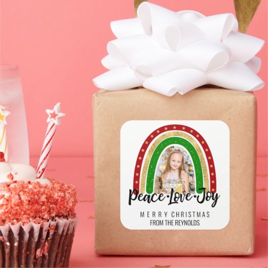Peace Love Joy Merry kerstregenboogfoto Vierkante Sticker (Feest)