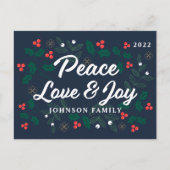 Peace Love & Joy Modern Holly Berries Foliage Feestdagenkaart (Voorkant)