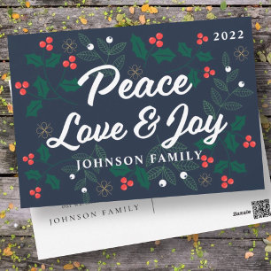 Peace Love & Joy Modern Holly Berries Foliage Feestdagenkaart