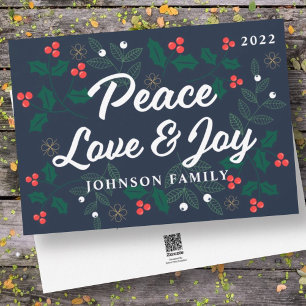 Peace Love & Joy Modern Holly Berries Foliage Feestdagenkaart