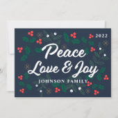 Peace Love & Joy Modern Holly Berries Foliage Feestdagenkaart (Voorkant)