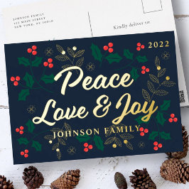 Peace Love & Joy Modern Red Holly Berries Foliage Folie Feestdagen Briefkaart