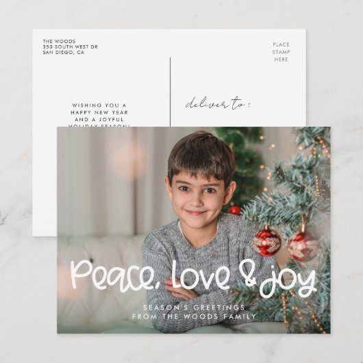 Peace Love Joy Modern Schattige script Kerstfoto Briefkaart (Voorkant / Achterkant)