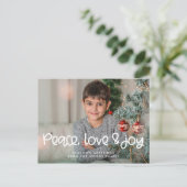 Peace Love Joy Modern Schattige script Kerstfoto Briefkaart (Staand voorkant)