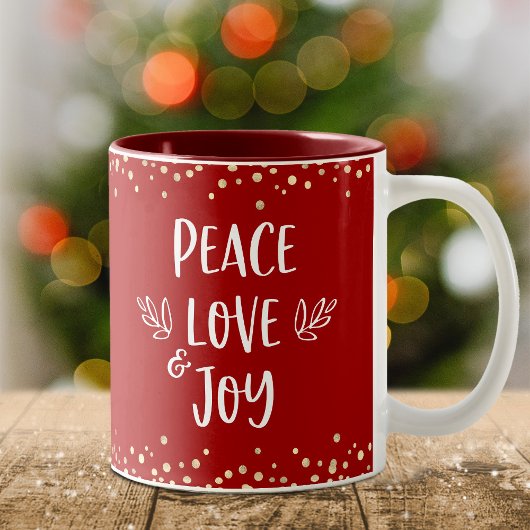 Peace Love Joy Modern Typography Gold Confetti Red Tweekleurige Koffiemok