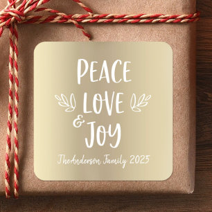Peace Love Joy Modern Typography Gold Foil Holiday Vierkante Sticker