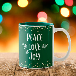 Peace Love Joy Modern Typography Gold Stippen Gree Tweekleurige Koffiemok