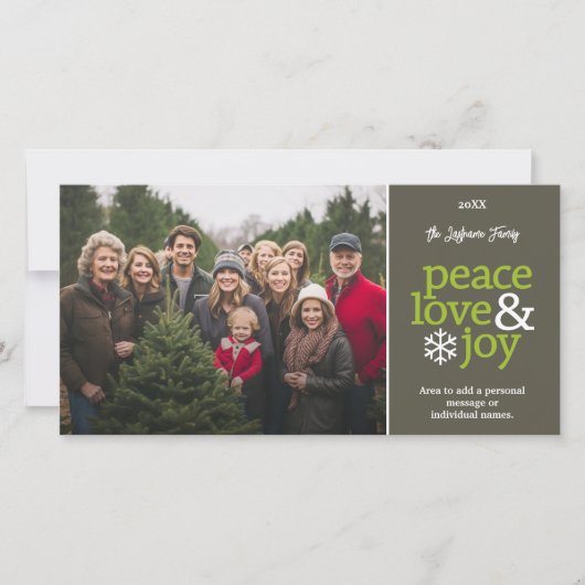 Peace Love & Joy - Moderne foto Feestdagenkaart (Voorkant)