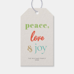 Peace Love Joy Moderne kleurrijke vakantie Cadeaulabel