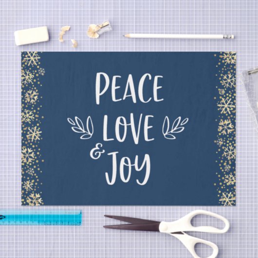 Peace Love Joy Navy Gold Snowflakes Typografie Tissuepapier (Craft)