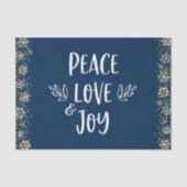 Peace Love Joy Navy Gold Snowflakes Typografie Tissuepapier (Voorkant)