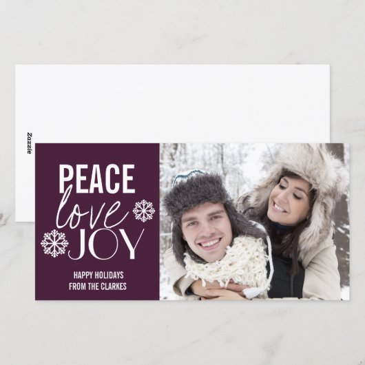 Peace Love Joy Paarse Sneeuw Vakantie Fotokaarten Feestdagenkaart (Voorkant / Achterkant)