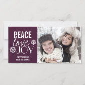 Peace Love Joy Paarse Sneeuw Vakantie Fotokaarten Feestdagenkaart (Voorkant)