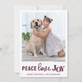 PEACE LOVE JOY Personalized Plum Dog Pet Photo Feestdagenkaart (Voorkant)