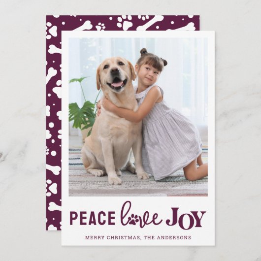 PEACE LOVE JOY Personalized Plum Dog Pet Photo Feestdagenkaart (Voorkant / Achterkant)