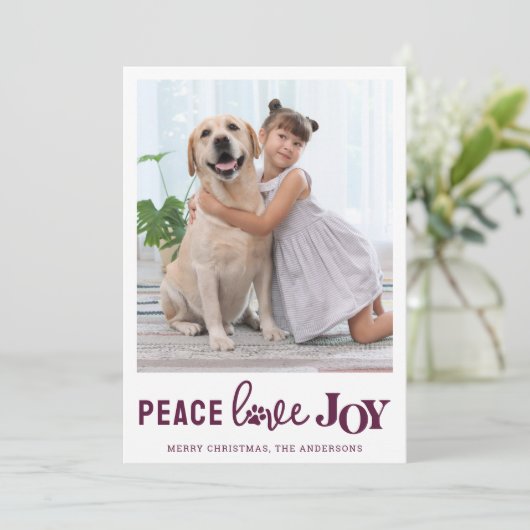 PEACE LOVE JOY Personalized Plum Dog Pet Photo Feestdagenkaart (Staand voorkant)