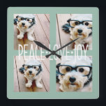 Peace Love Joy Photo Collage Holiday Greep Vierkante Klok<br><div class="desc">Mint en Ice Blue - Gebruik 4 vierkante afbeeldingen of instagram om een uniek en trendy Merry-kerstmemento te maken. Als u om het even wat rond moet bewegen,  klik op de aanpassingsknoop om veranderingen aan te brengen.</div>