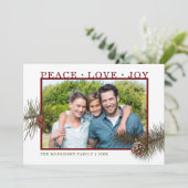 Peace Love Joy Pine Cone Foto Feestdagenkaart (Staand voorkant)