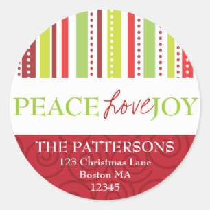 Peace Love Joy Polka Dots & Stripes Adreslabel Ronde Sticker