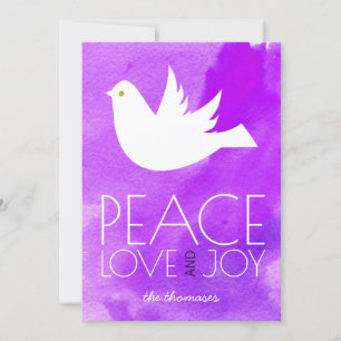 Peace love joy purple watercolor & dove Christmas Feestdagenkaart