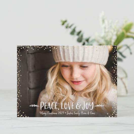Peace Love Joy Quote Typografie Chic Custom Photo Feestdagenkaart (Staand voorkant)