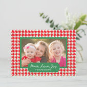 Peace Love Joy Red Houndstooth Vakantiefoto Kaart (Staand voorkant)