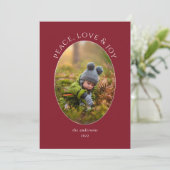 Peace, Love & Joy Red Photo Holiday Feestdagenkaart (Staand voorkant)