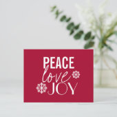 Peace Love Joy Red Snowflake Holiday Briefkaarten (Staand voorkant)