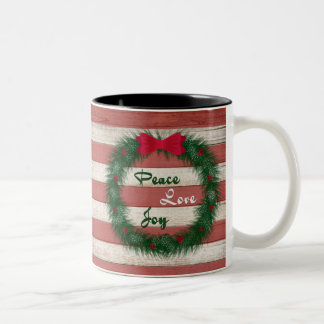 Peace, Love & Joy Red Stripe WreatMok Tweekleurige Koffiemok