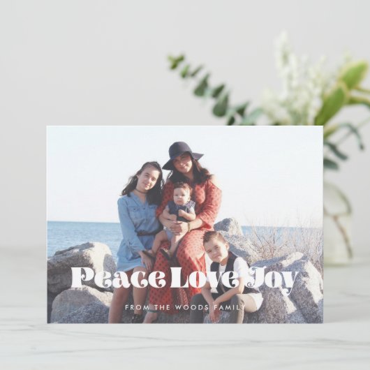Peace Love Joy Retro Inspirerend Foto Feestdagenkaart (Staand voorkant)