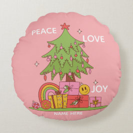 Peace, Love & Joy Retro Kerstboom Roze Rond Kussen