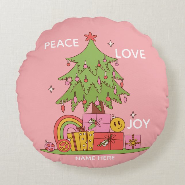 Peace, Love & Joy Retro Kerstboom Roze Rond Kussen (Voorkant)