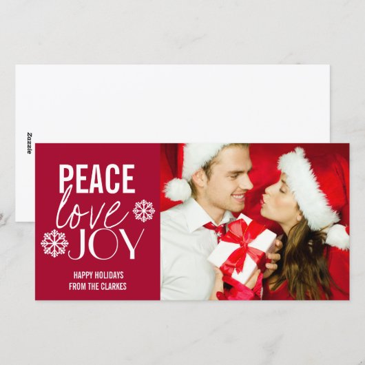 Peace Love Joy Rode Sneeuw Vakantiefotootkaarten Feestdagenkaart (Voorkant / Achterkant)