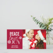 Peace Love Joy Rode Sneeuw Vakantiefotootkaarten Feestdagenkaart (Staand voorkant)